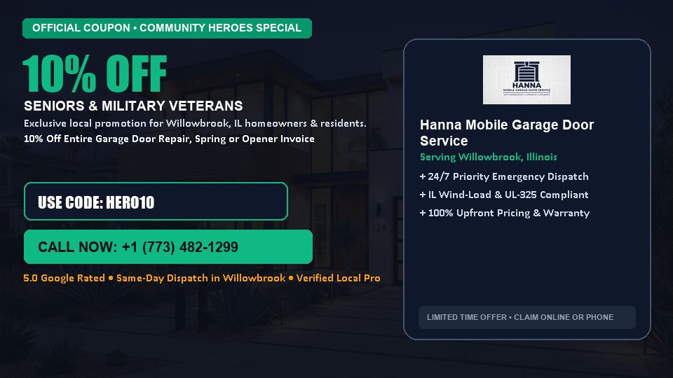 Hanna Mobile Garage Door Service 10% OFF Seniors & Military Veterans in Willowbrook, IL